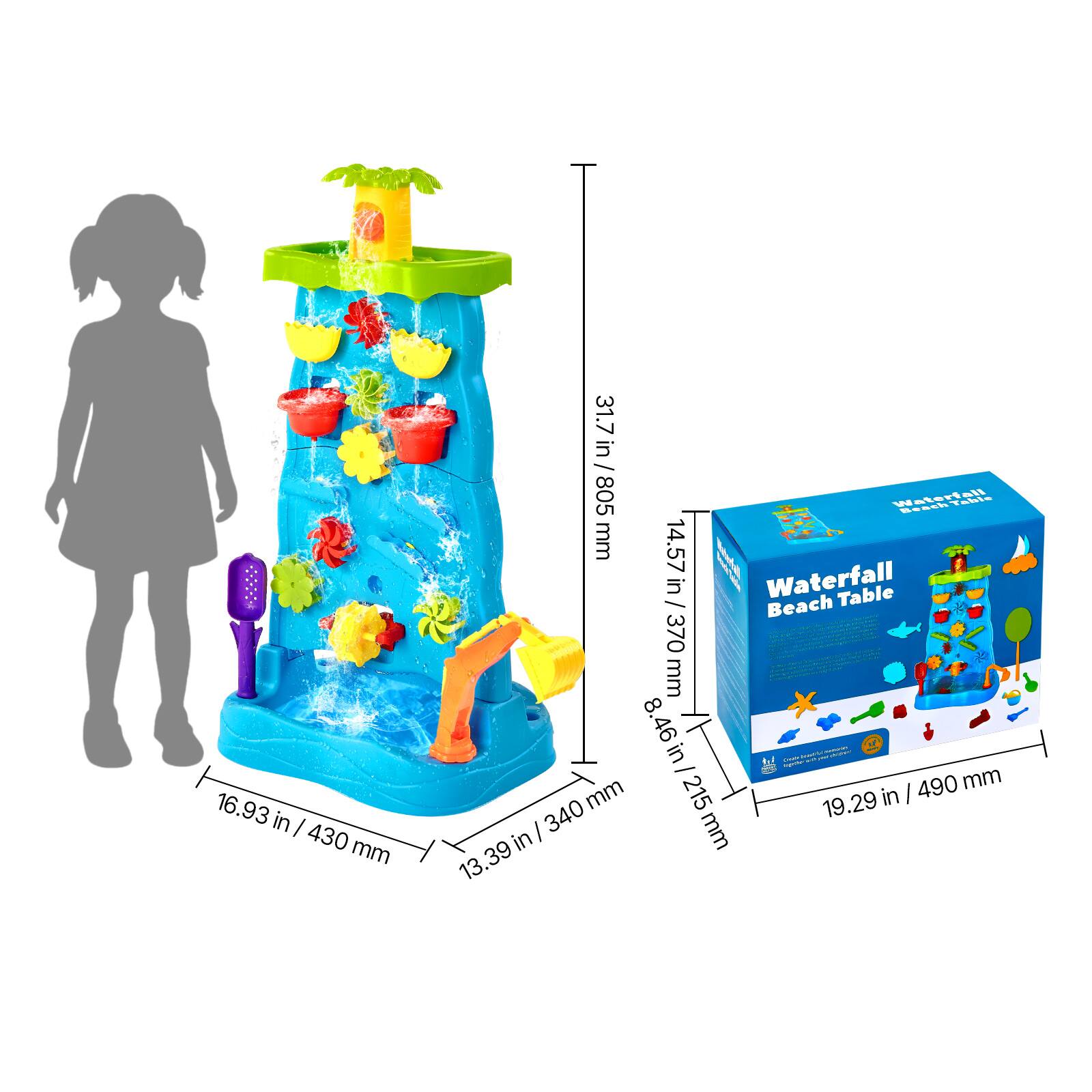 The corrected text is:

- 16.93 in / 430 mm
- 31.7 in / 805 mm
- 14.57 in / 370 mm
- 8.46 in / 215 mm
- 19.29 in / 490 mm
- 13.39 in / 340 mm

The product is a "Waterfall Beach Table."