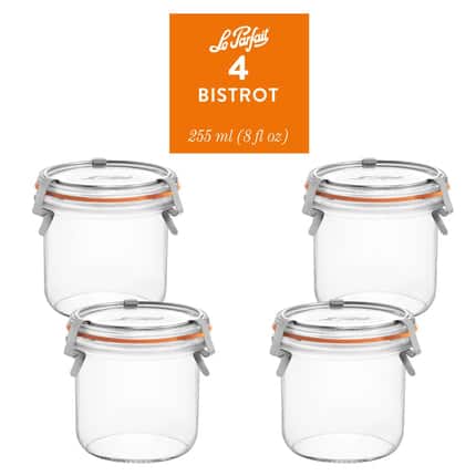 Le Parfait - Bistrot - 225ml French Glass Canning Jar w/Glass Lid & SS Clips, 8oz (Pack of 4)
