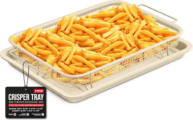 BAKKEN CRISPER TRAY PREMIUM BAKEWARE Carbon Steel with Non-stick White Stone Coating BAKING TRAY: 12.79" x 9.75" x 0.78" BASKET: 12.00" x 8.9" x 1.97" --GREAT FOR BAKING AND COOKING