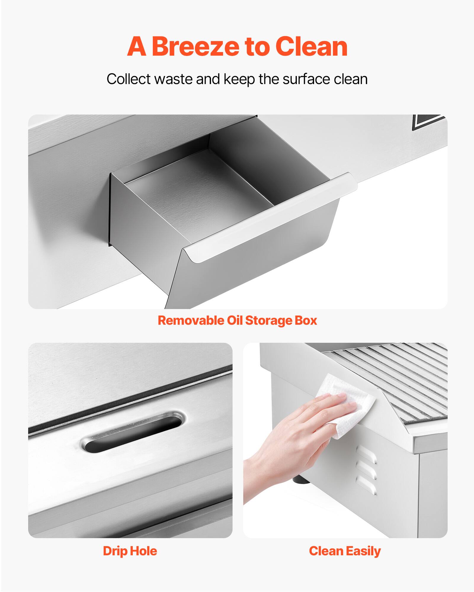 A Breeze to Clean  
Collect waste and keep the surface clean  

Removable Oil Storage Box  

Drip Hole  

Clean Easily