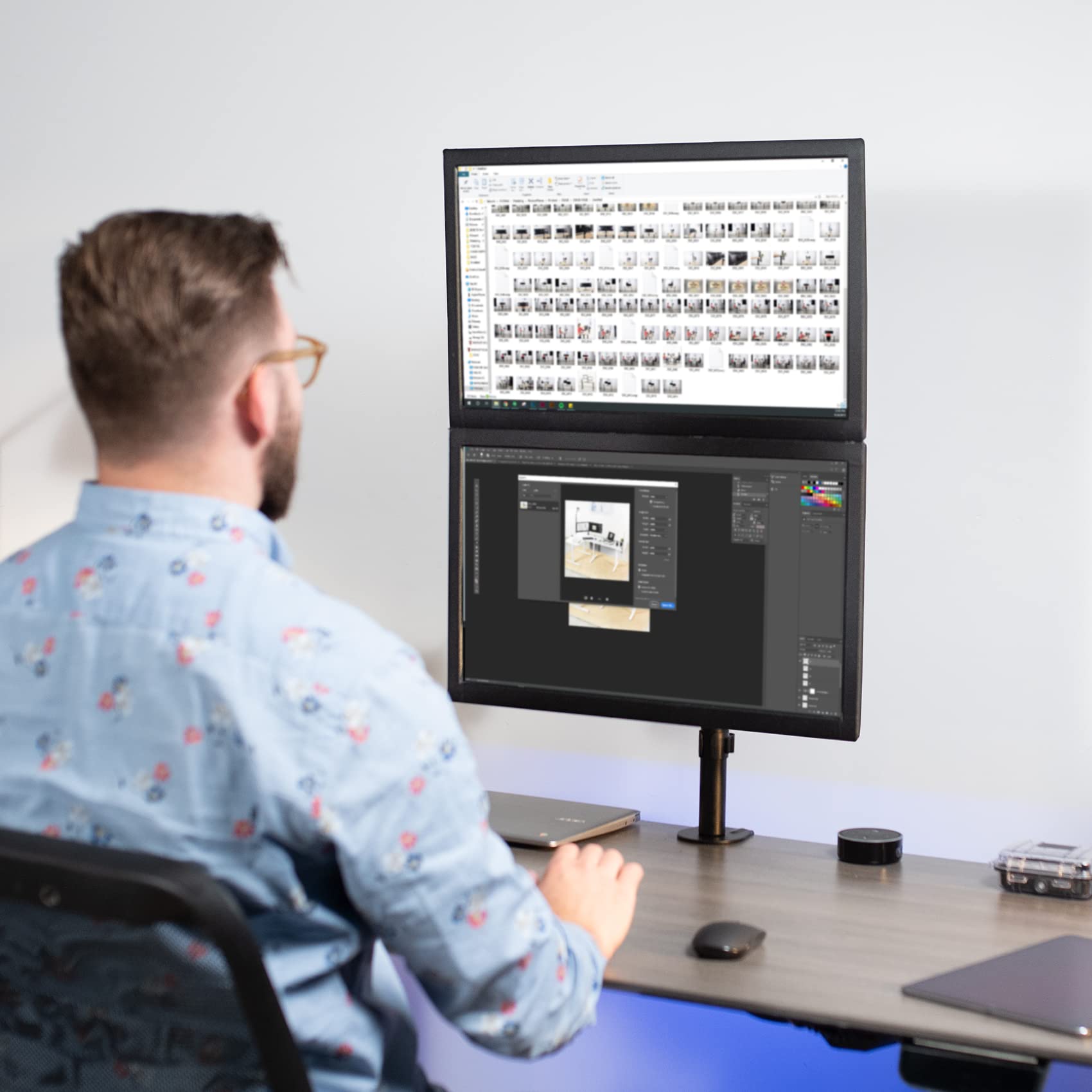 Alt View 3. Earthley Blooms - Dual Monitor Arm Extra Tall Mount Screens Up 32 Inches Pneumatic Height Adjustment Full Articulating Heavy - Black.