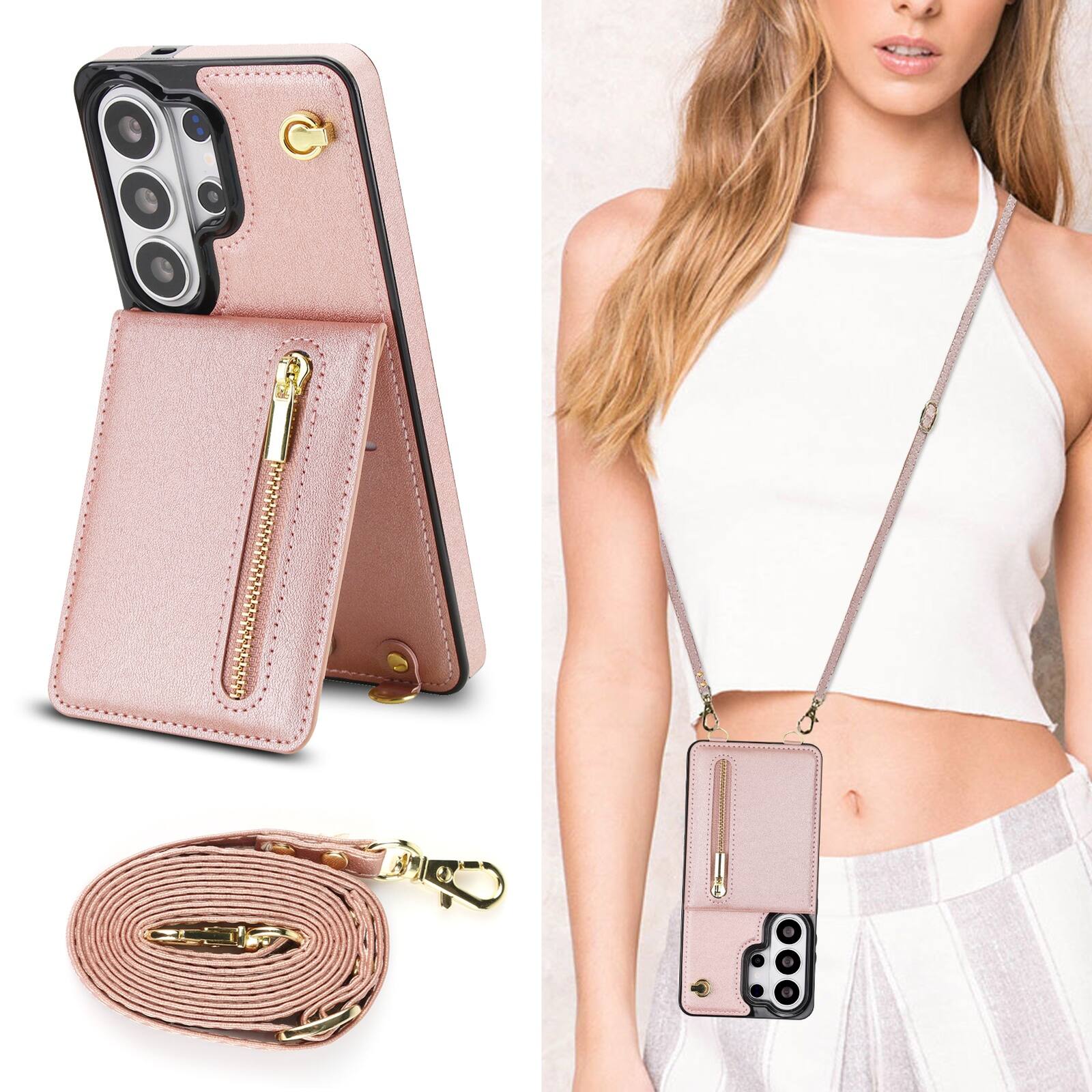 Left. Dteck - Wallet Case for Samsung Galaxy S26 Ultra PU Leather Zipper Flip Cover with Crossbody Strap & Kickstand - Rosegold.