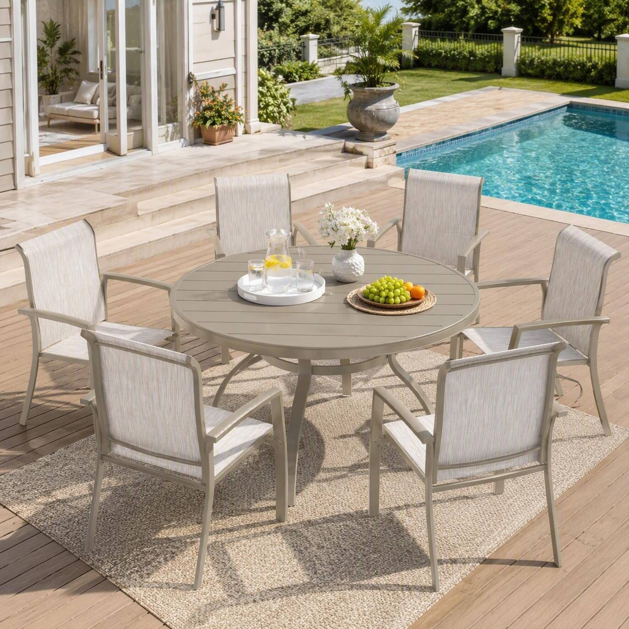 Left. RYHNUYNE - Round Patio Dining Table, All-Weather Metal Table with Umbrella Hole for Deck Lawn Garden Backyard - Sandstone.