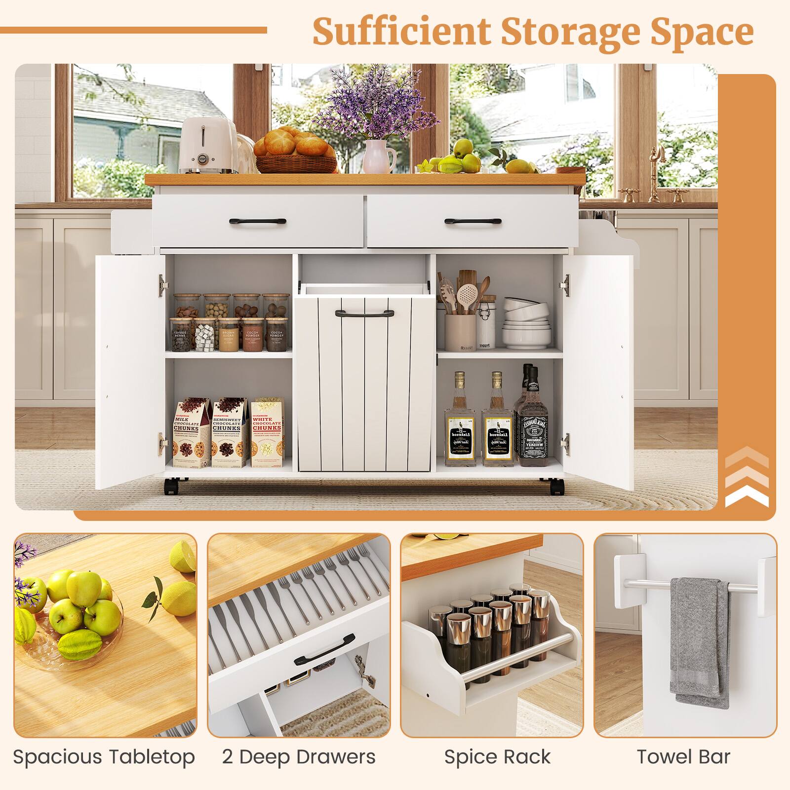 Sufficient Storage Space

- Spacious Tabletop
- 2 Deep Drawers
- Spice Rack
- Towel Bar