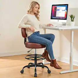 Brick Attic - PU Leather Drafting Chair with Wheels, Rolling Stool with Adjustable Footrest Ring for Office Studio Lab Salon Spa - Brown