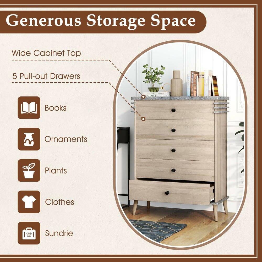 Generous Storage Space  
Wide Cabinet Top  
5 Pull-out Drawers  
Books  
Ornaments  
Plants  
Clothes  
Sundries