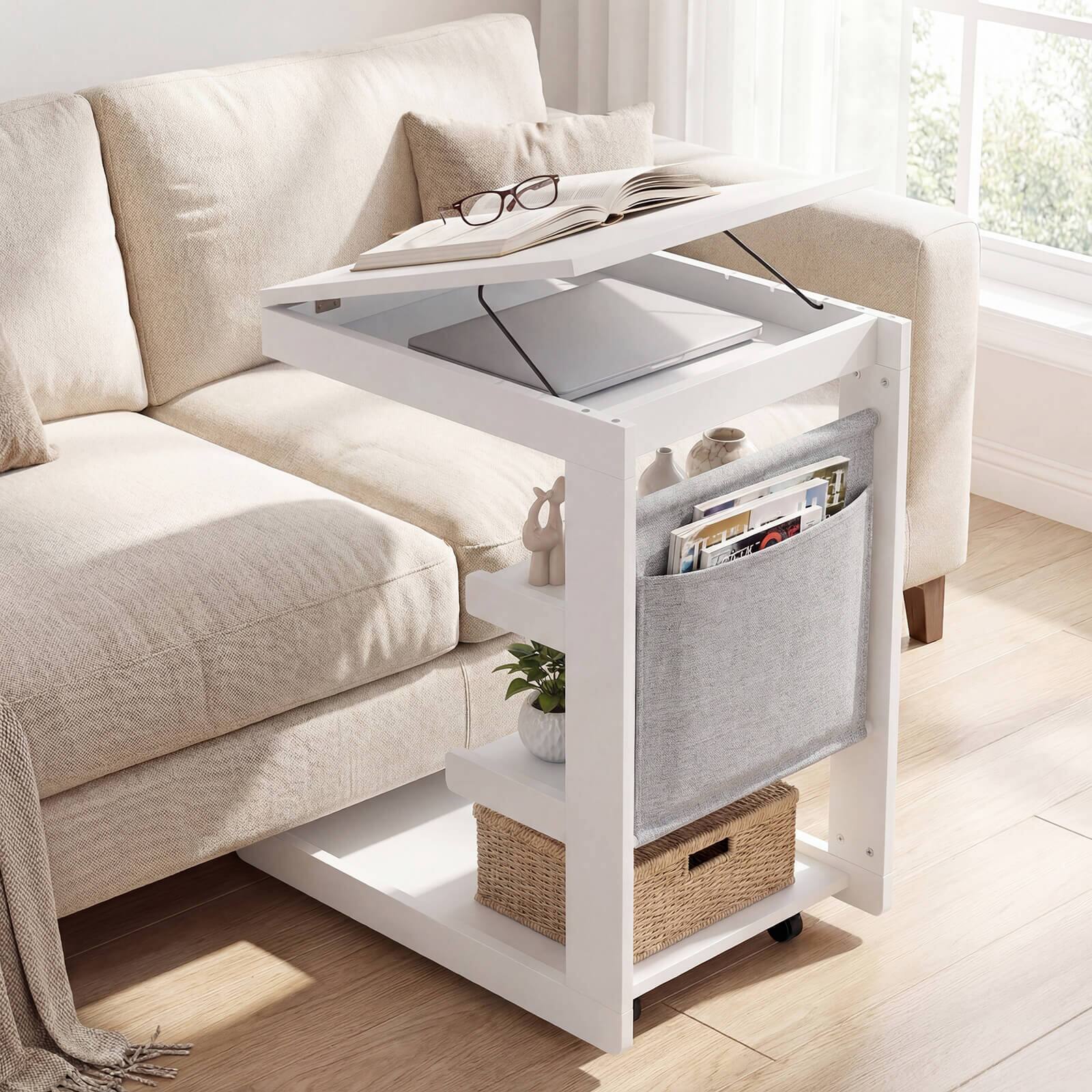 Alt View 1. Costway - Costway 1 PCS C-shaped End Table with Wheels, Adjustable Desktop, Edge Stopper, Storage Pocket - White.