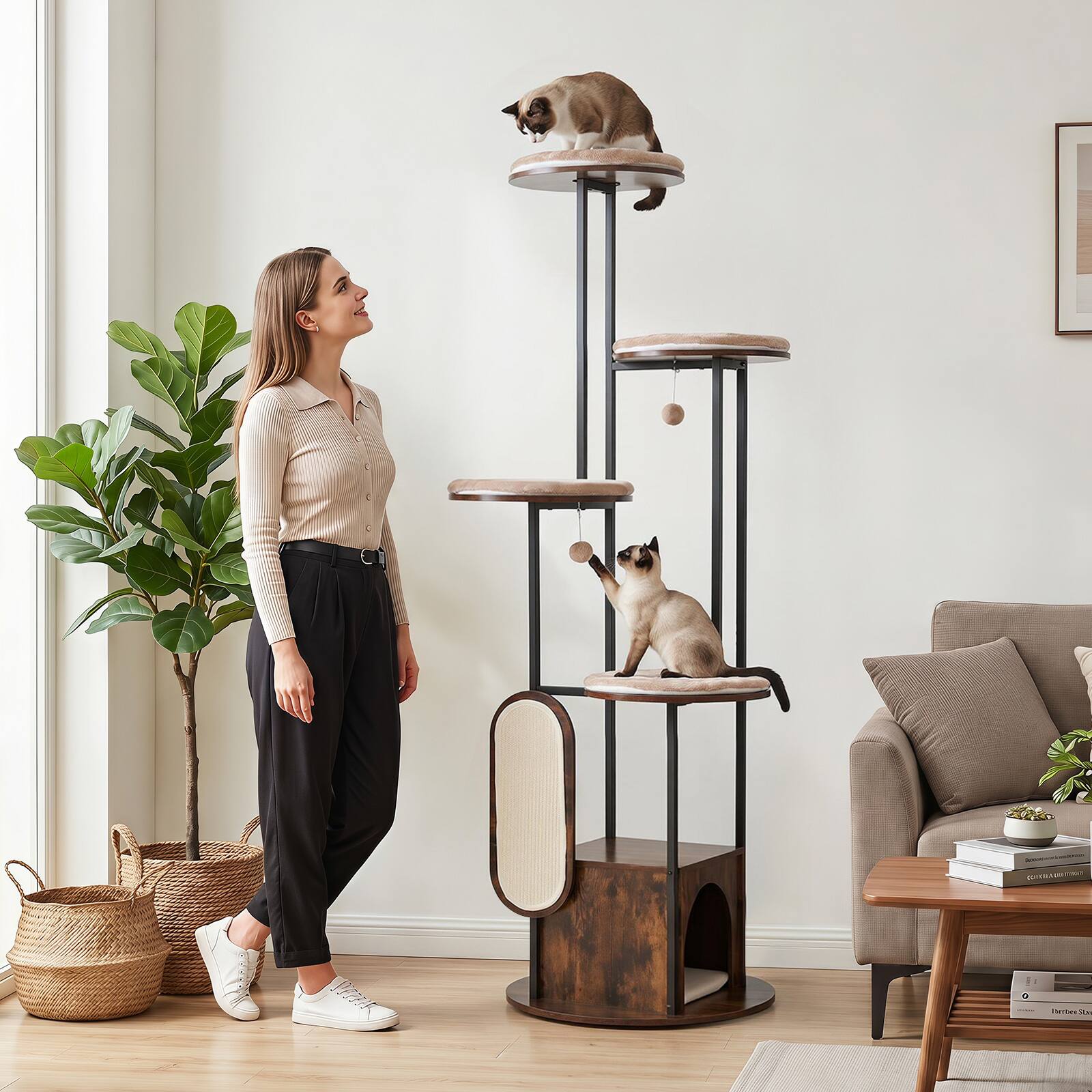 Alt View 1. Gymax - Gymax Modern Cat Tree Tower 72-Inch Tall Multi-Level Cat Condo w/Top Perch Platforms - Brown.