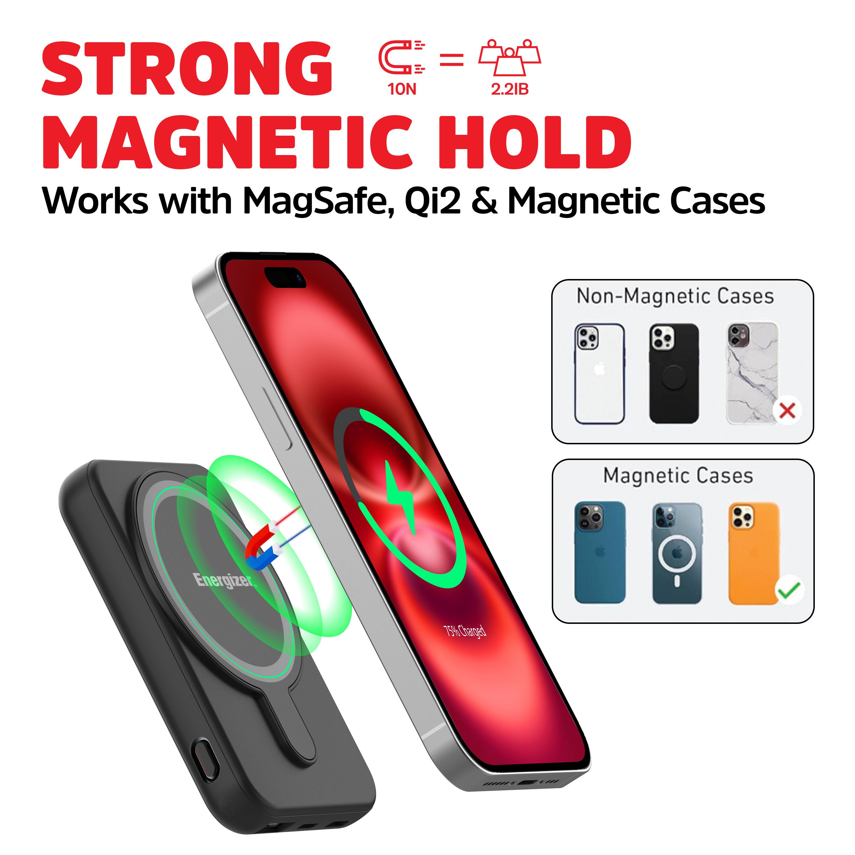 STRONG MAGNETIC HOLD  
10N = 2.2IB  
Works with MagSafe, Qi2 & Magnetic Cases  

Non-Magnetic Cases  
Magnetic Cases  

79% Charged