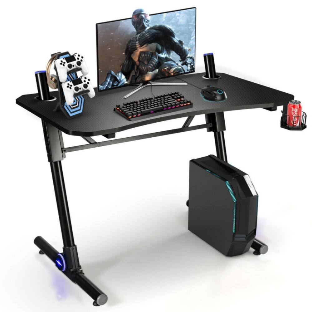Front. SKONYON - Height Adjustable Gaming Desk with LED Lighting - Black.