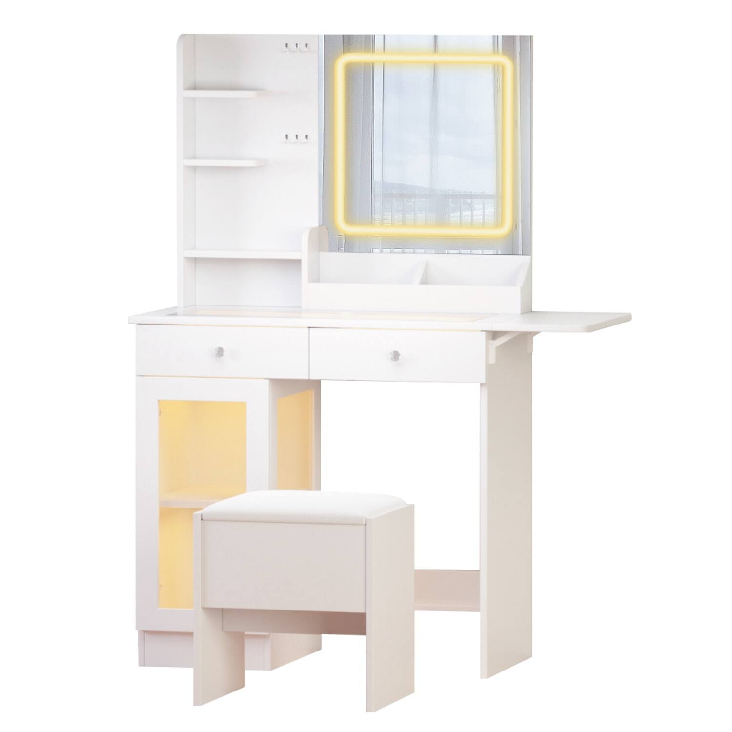 Alt View 5. Lirago - White Wood Dresser Table Desk with Mirror Lights Dressing Table with Stool 15.55”D x 31.5“ W x 53.15“ H - White.