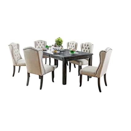 Front. Manhattan Lane - Bega 7pc Dining Table and Wingback Chair Set, Beige Linen, Black Wood - Black, Beige.