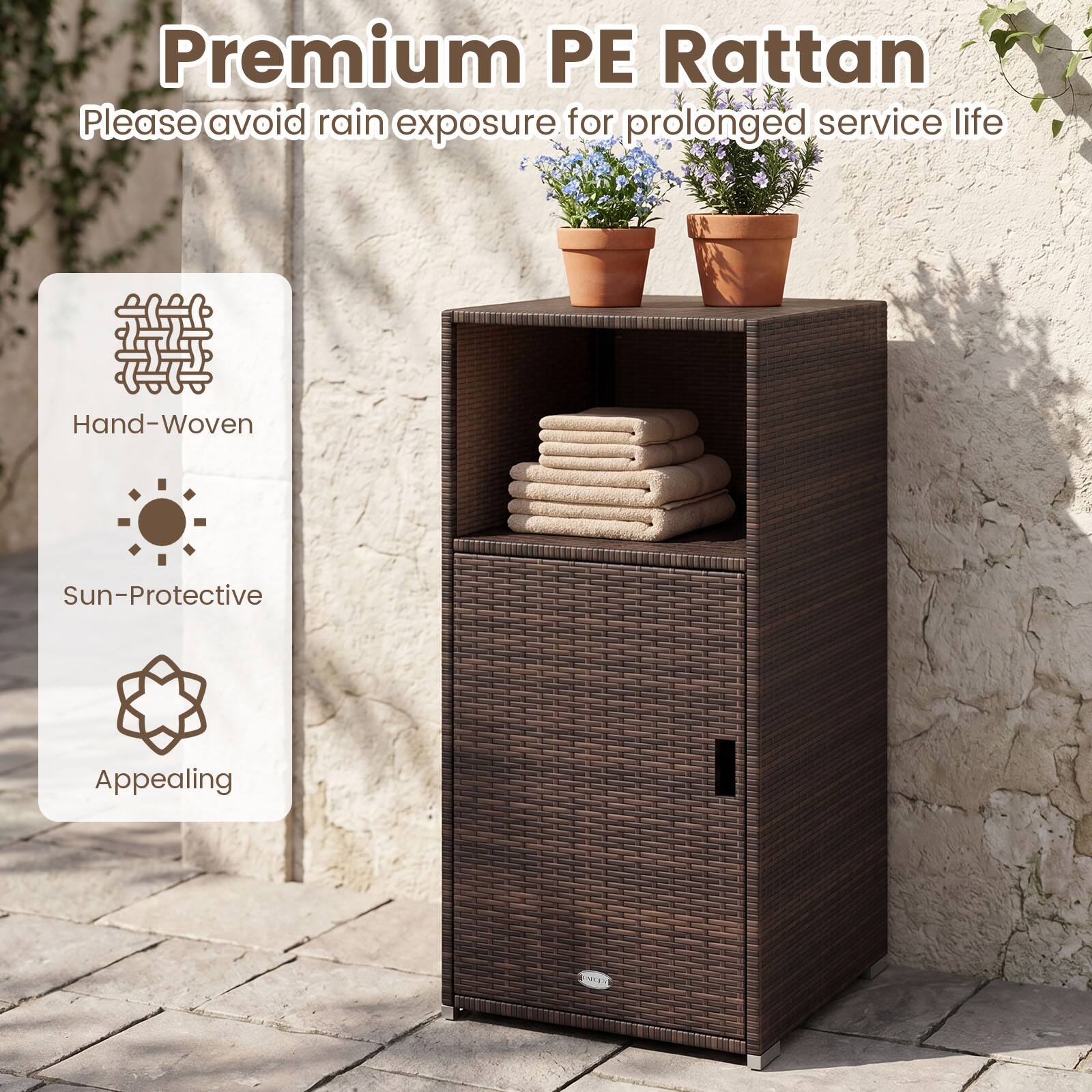 Premium PE Rattan  
Please avoid rain exposure for prolonged service life  

Hand-Woven  
Sun-Protective  
Appealing