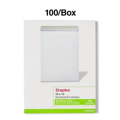 100/Box Staples 10 x 13 Gummed Envelopes White Wove  
100 Envelopes  
10 x 13 cm (3.94 x 5.12 in)  
25.4 x 33.02 cm (10 x 13 in)  
ST295840N