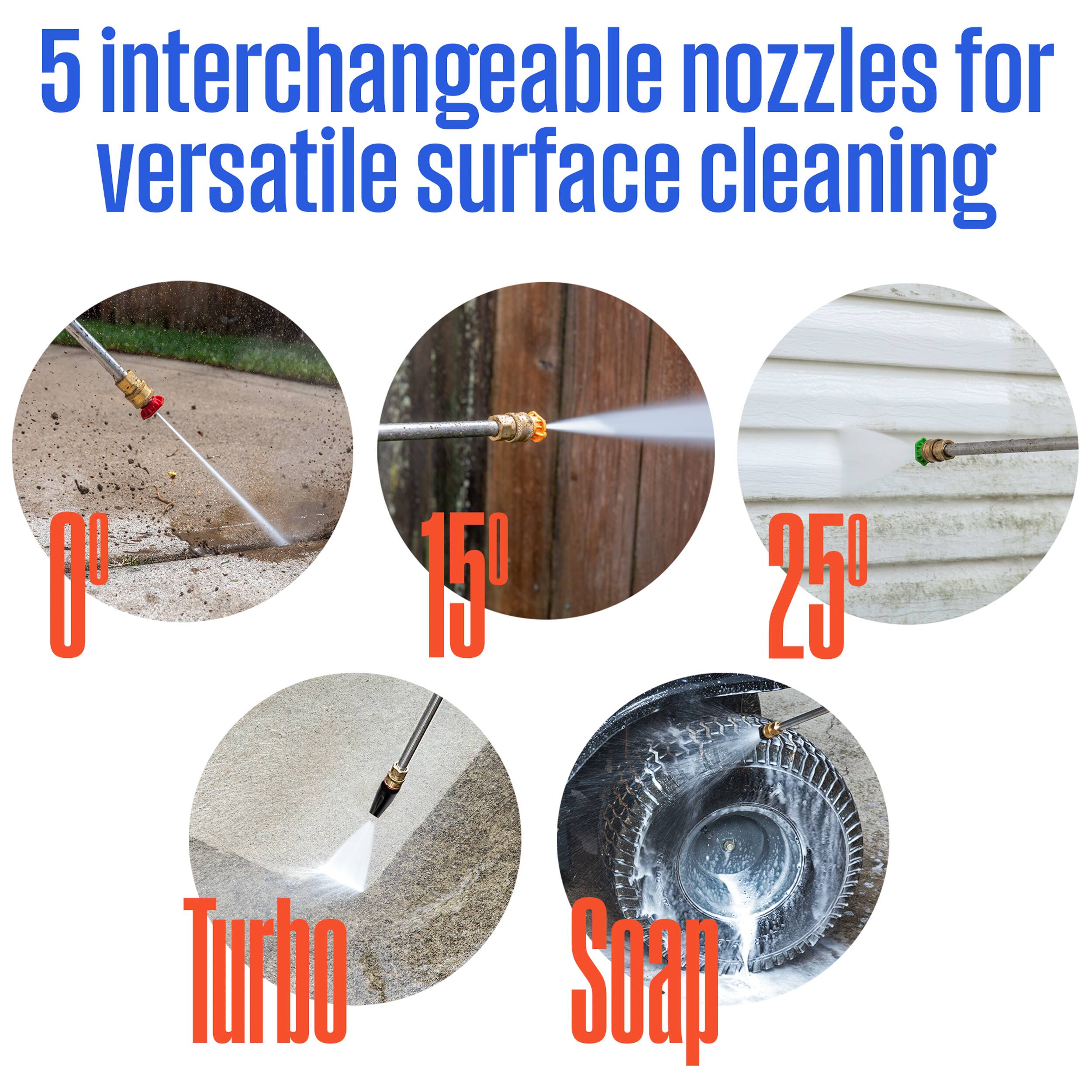 5 interchangeable nozzles for versatile surface cleaning

0°
15°
25°
Turbo
Soap