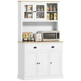 Homcom - Kitchen Pantry Storage Cabinet with Microwave Stand, 71" Modern Kitchen Hutch with Glass Doors, Storage Drawers - White