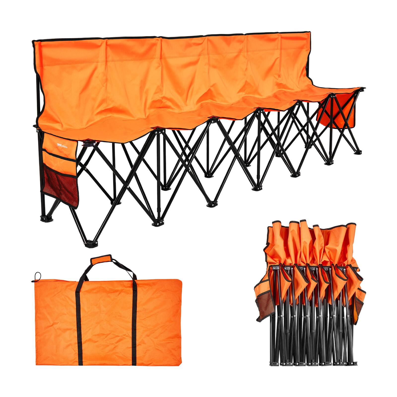 Front. VEVOR - Portable Folding Bench, 6 Seat Foldable Soccer Bench with Side Pockets and Carrying Bag, Lightweight Sideline Seating - Orange.