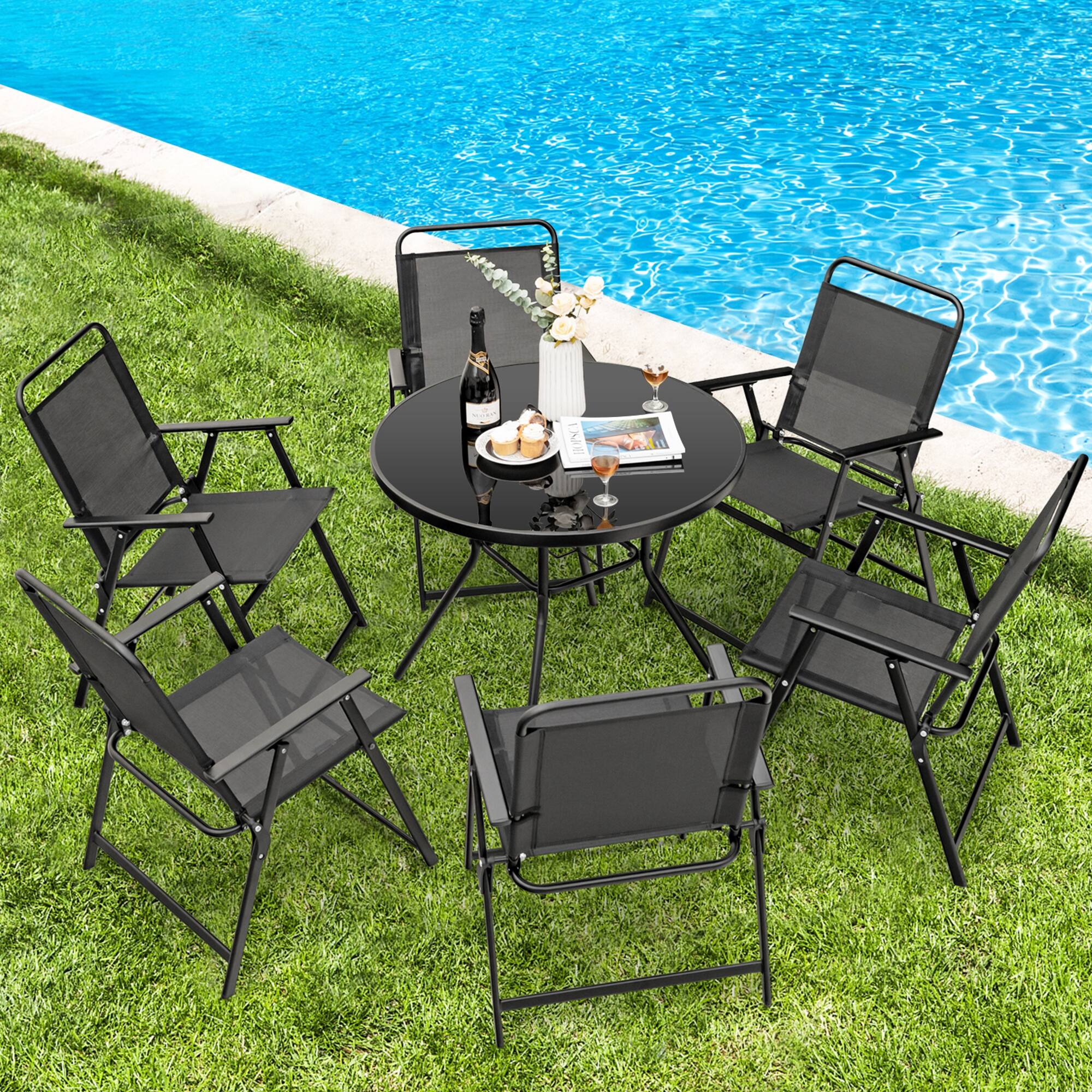 Alt View 4. Costway - Costway 2pcs Patio Folding Chairs Heavy-Duty Metal Frame Armrests Portable Outdoor - Black.