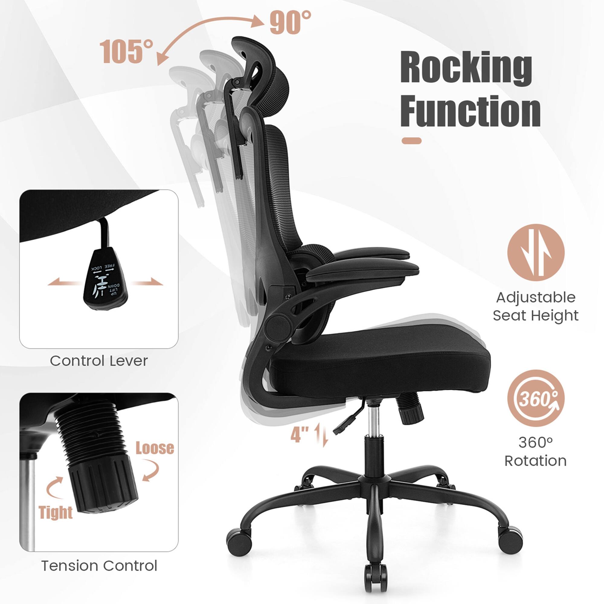 The image shows a black chair with a Rocking Function. The chair has an adjustable seat height control lever and a tension control for added comfort. The chair is designed to provide a 360-degree rotation for added flexibility. The chair is also equipped with a control lever that allows the user to adjust the tension and looseness of the chair. The chair is suitable for use in various settings, such as offices, homes, and other environments where comfortable seating is desired.