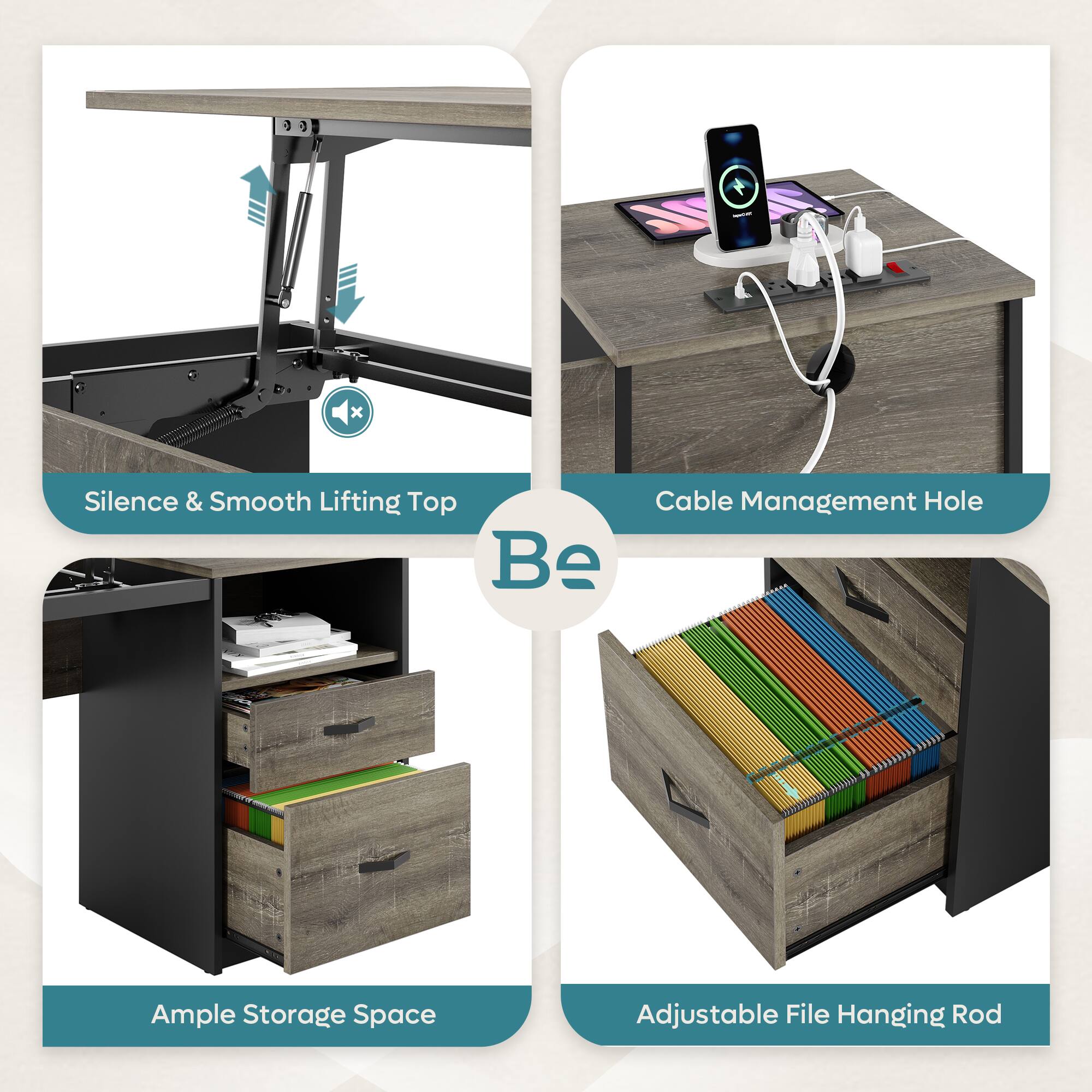 The image shows a desk with various items on it, including a cell phone, a laptop, and a mouse. The desk is equipped with a cable management system and a smooth lifting top. There is also a drawer with a file hanging rod, providing ample storage space and an adjustable file hanging rod for easy access to files. The desk is designed to be functional and organized, with a focus on ergonomics and cable management.