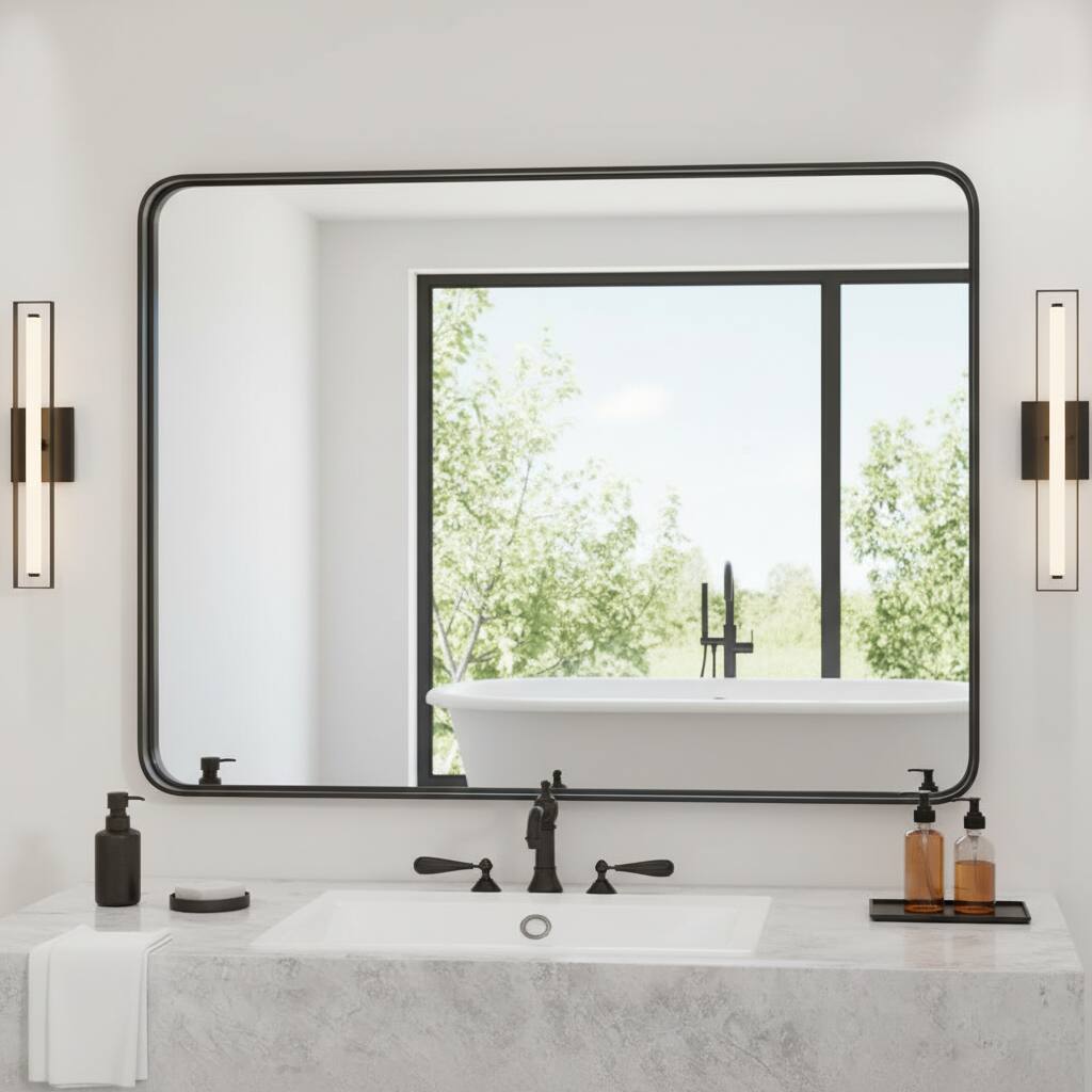 Angle. AOITUN - Black Metal Framed Bathroom Vanity Mirrors - Modern Decor for Daily Use.