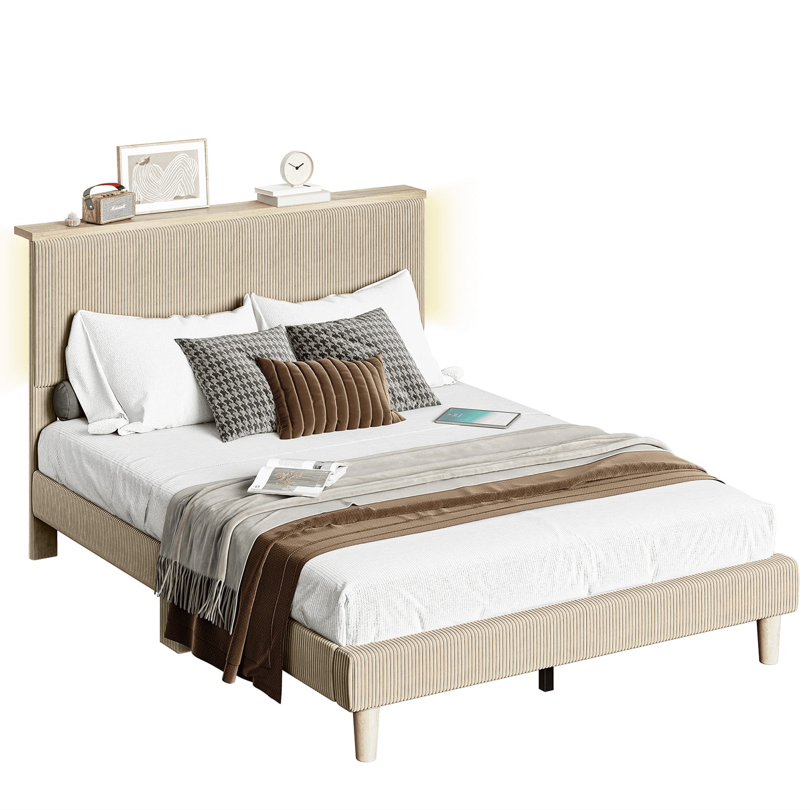 Bestier - Bed Frame Upholstered Platform Gaming Bed with LED Light & Adjustable Storage Headboard for Bedroom-Queen Size - Taupe