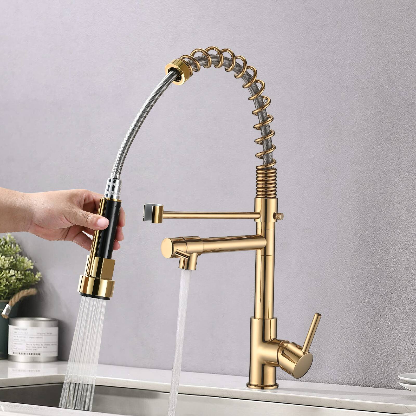 Angle. Siljoy - Commercial Pull Down Kitchen Sink Faucet Single Handle Modern Kitchen Faucets - Polished Golden.