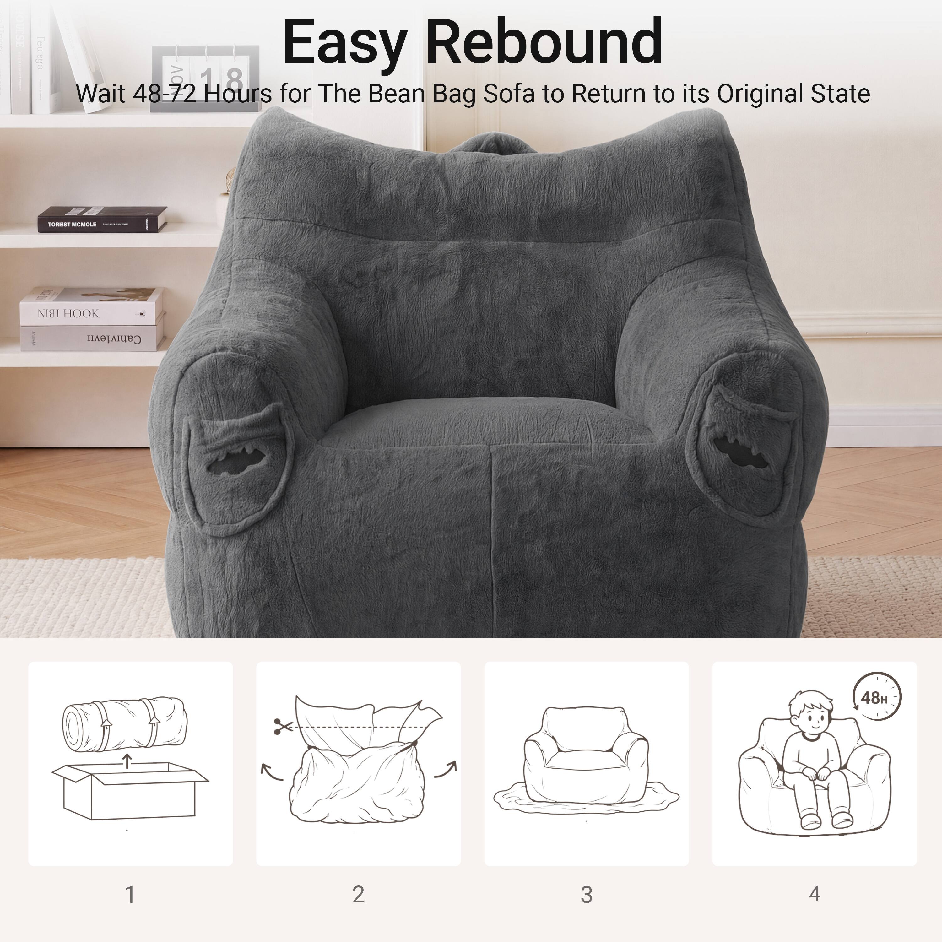 Easy Rebound  
Wait 48-72 Hours for The Bean Bag Sofa to Return to its Original State  

1.  
2.  
3.  
4.