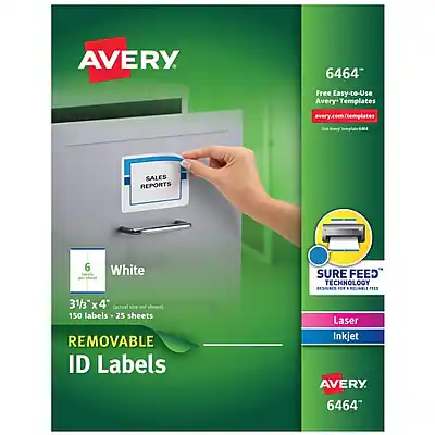 AVERY
6464
Free Easy-to-Use Avery Templates
avery.com/templates
White
3/4" x 4"
150 labels - 25 sheets
Removable ID Labels
Laser Inkjet
SURE FEED
Guaranteed to Feed
Laser Inkjet
SALES REPORTS