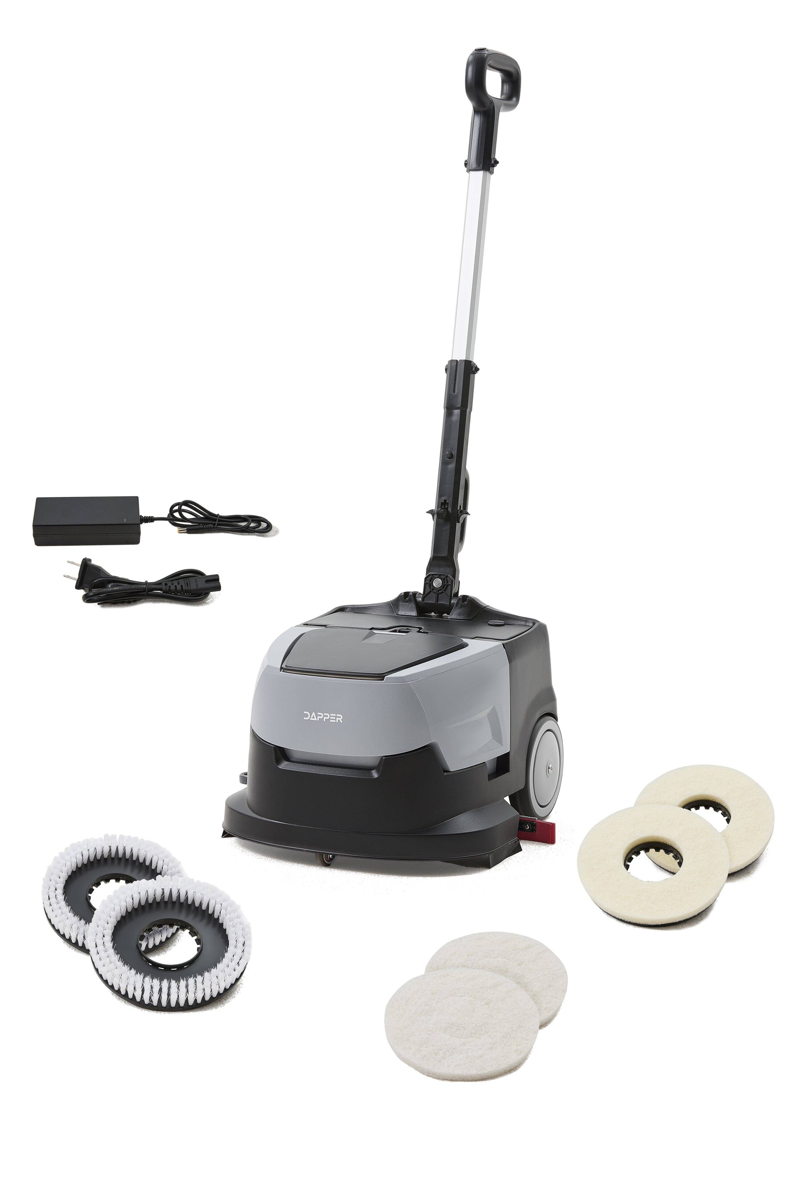 Angle. Dapper Supply - Battery Powered Walk Behind Mini Automatic Floor Scrubber Compact Portable 15 Inch 90 Min Runtime 170 RPM Offices Retail - Grey.