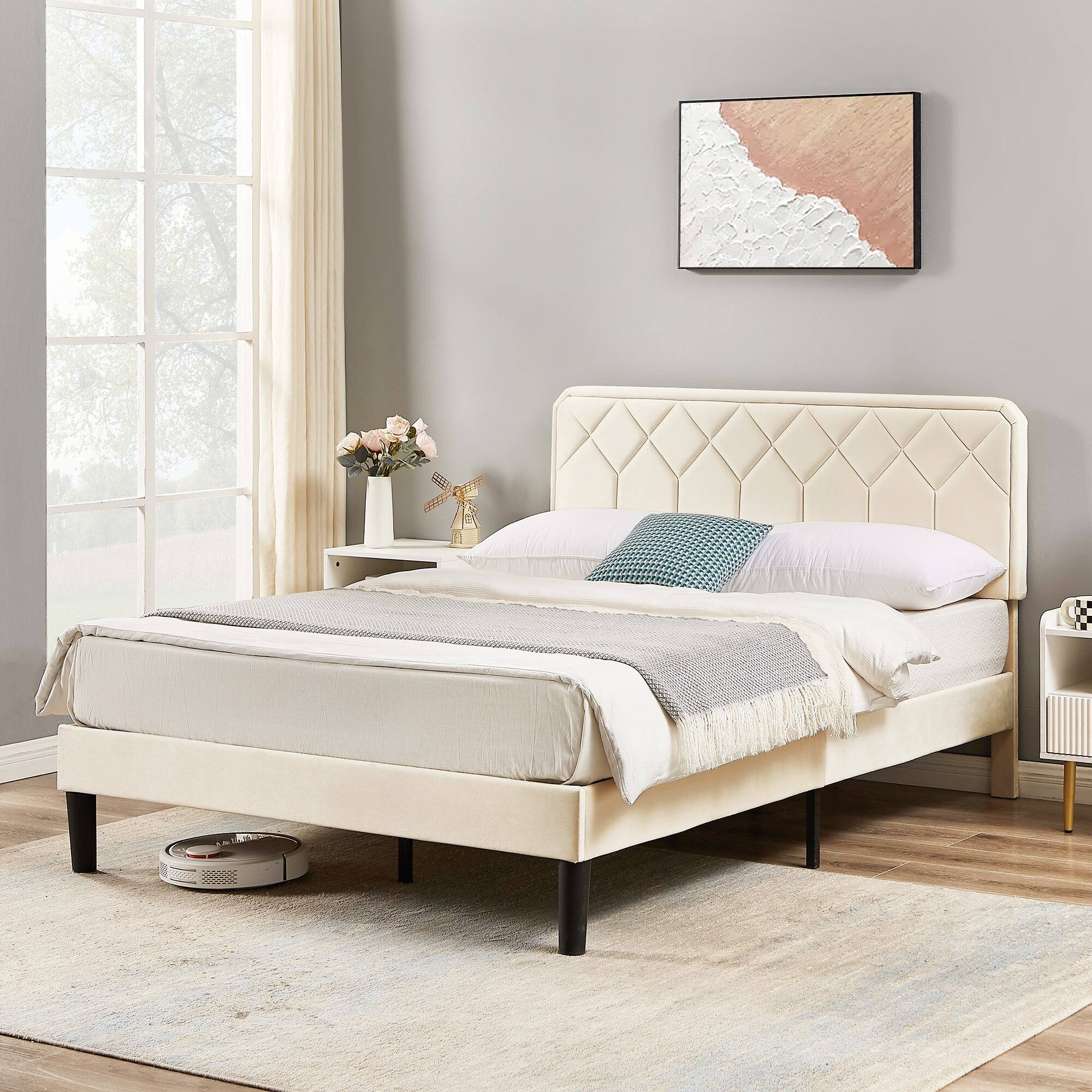 Angle. Vecelo - Full Size Upholstered Bed With Adjustable Headboard And Underbed Storage - Metal Platform Bed,Quiet Design - Beige.