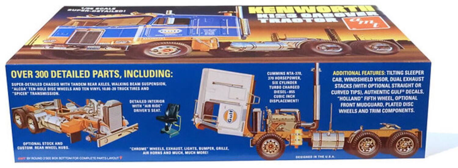 - SGALE KENWORTH K22 GARGUER TRASTER C T1 OVER 300 DETAILED PARTS, INCLUDING: SUPER-DETAILED CHASSIS WITH TANDEM BEAR AXLES, WALKING BEAM SUSPENSION, ALCOA TEN-NOLE DISC WHEELS AND TEN VINYL 18.00-20 TRUCK TIRES AND "SPICER" TRANSMISSION. DETAILED INTERIOR WITH "AIR RIDE" DRIVER'S SEAT, CUMMINS NTA-370, 339 HORSEPOWER SIX CYLINDER TURBO CHARGED DIESEL-ESS CUBIC INCH DISPLACEMENT. ADDITIONAL FEATURES: TILTING SLEEPER CAB, WINDSHIELD VISOR, DUAL EXHAUST STACKS (WITH OPTIONAL STRAIGHT OR CURVED TIPS), AUTHENTIC GULF DECALS. "HOLLAND" FIFTH WHEEL, OPTIONAL FRONT MUDGUARD, PLATED DISC WHEELS AND TRIM COMPONENTS. OPTIONAL STOCK AND CUSTOM BEAR WHEEL UBS 2 SEX "HRO" WHEELS, EXHA