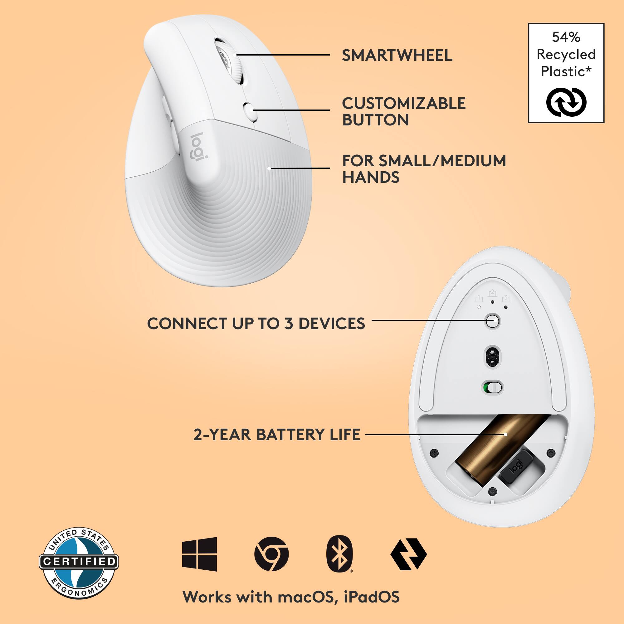 - SMARTWHEEL
- CUSTOMIZABLE BUTTON
- FOR SMALL/MEDIUM HANDS
- CONNECT UP TO 3 DEVICES
- 2-YEAR BATTERY LIFE
- 54% Recycled Plastic*
- UNITED STATES CERTIFIED ECONOMICS
- Works with macOS, iPadOS