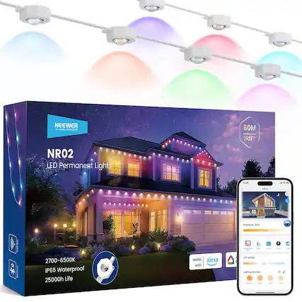 NEEWER - Code Ame 60M 192FT NR02 LED Permanent Lights 78 - I SeNaN . Brightness SON i - - - - - C | 2700-6500K IP65 Waterproof 25000h Life works alexa with C-O0 Lightng Tauorites - - - - -