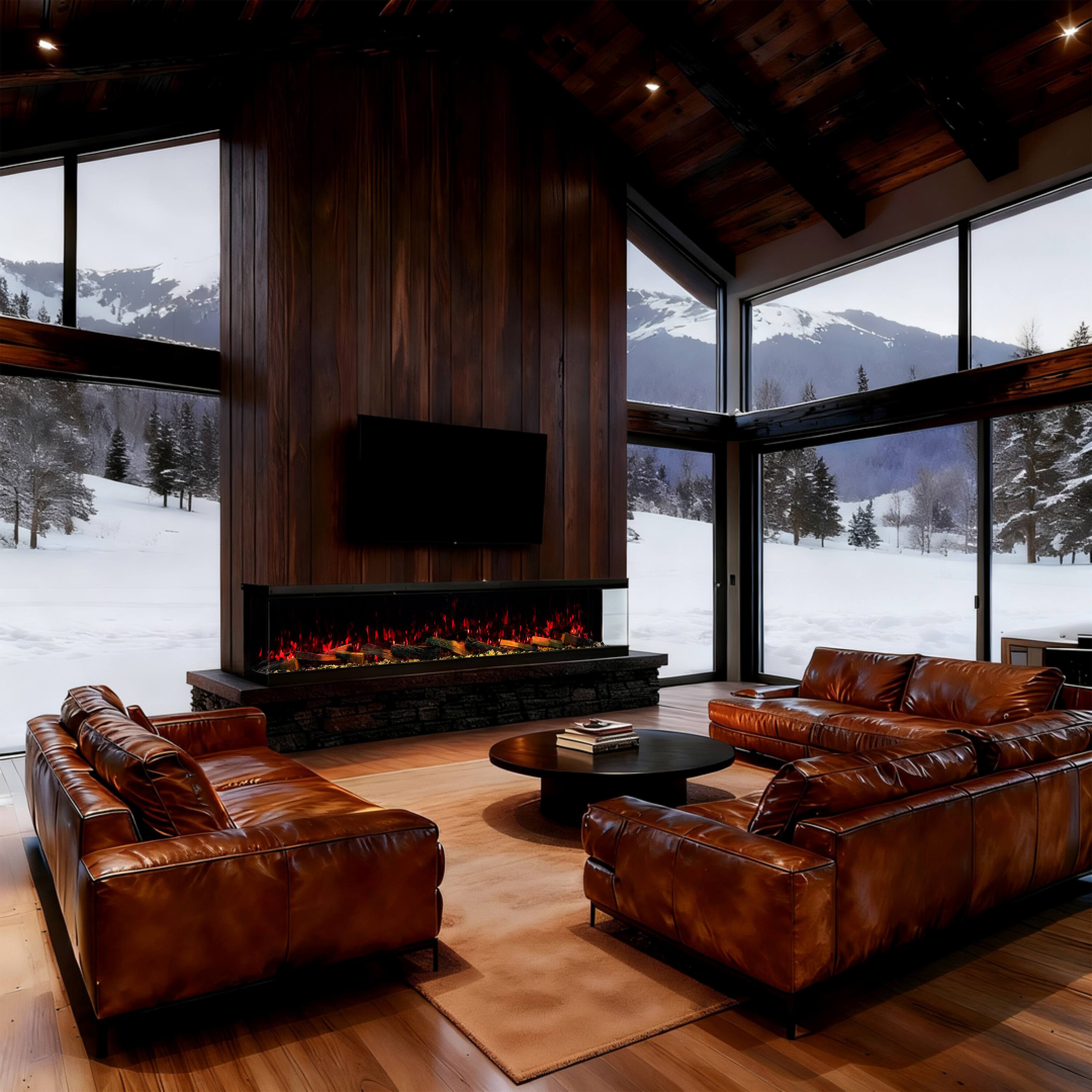 Angle. Mondawe - 88" Recessed/Wall Mounted 3-Sided Electric Fireplace with App and Wifi Smart Control, 1500W/3000W PTC Ceramic Heating - Black.