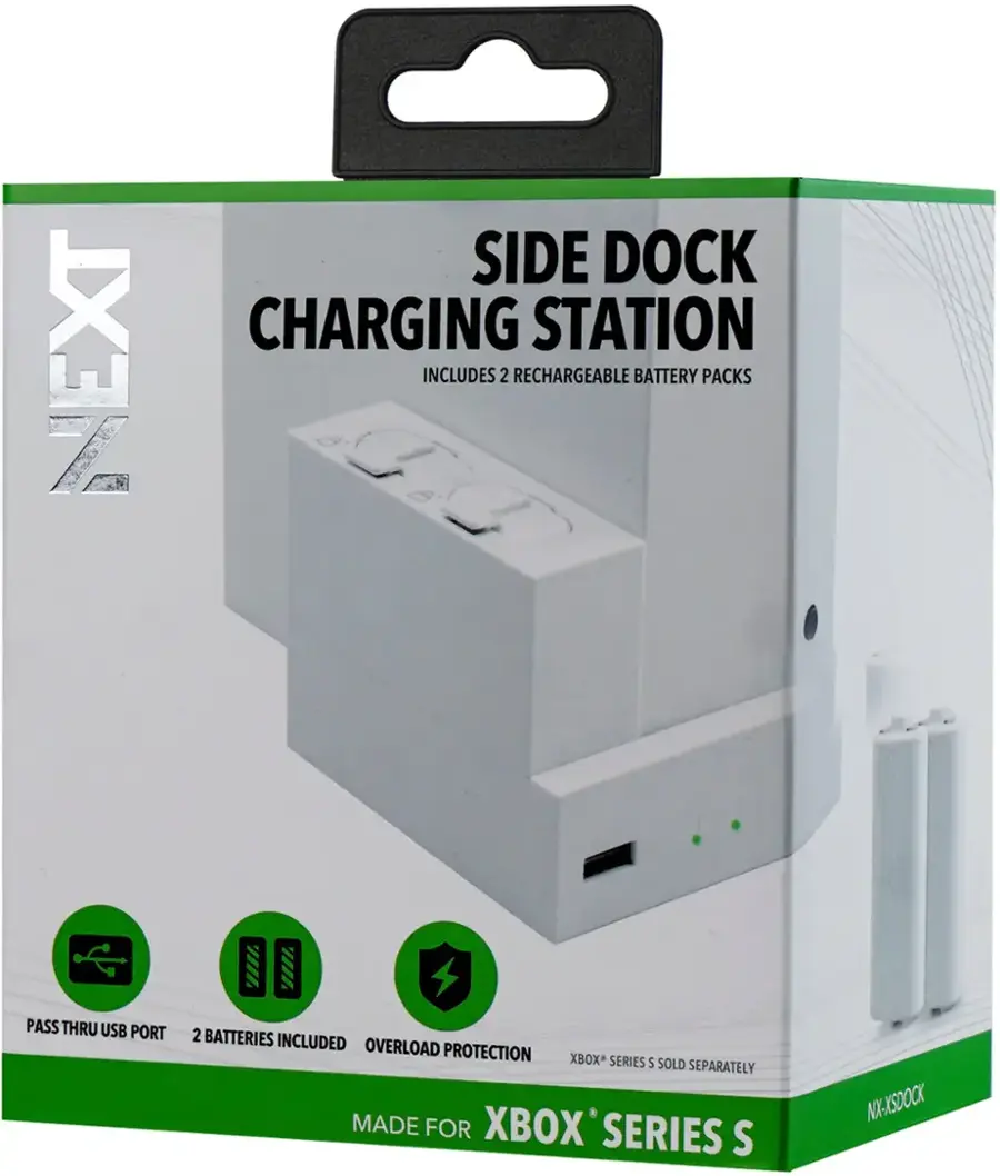 The text on the image reads: "NEXT Side Dock Charging Station includes 2 rechargeable battery packs, pass thru USB port, 2 batteries included, overload protection. XBOX* Series 5 sold separately. Made for Xbox Series S. No-XSDOCK."