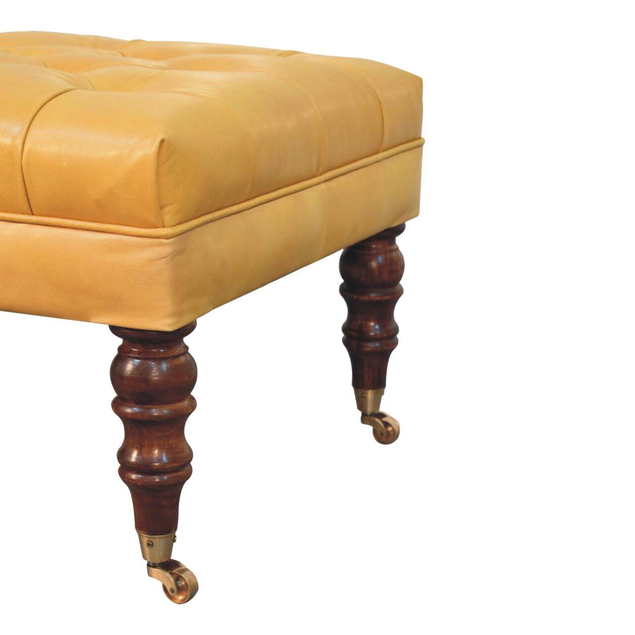 Alt View 4. Artisan Furniture - Artisan Furniture Solid Wood Honey Caramel Buffalo Tan Leather Ottoman with Castor Legs, Upholstered, Yellow & Brown - Brown & Yellow.