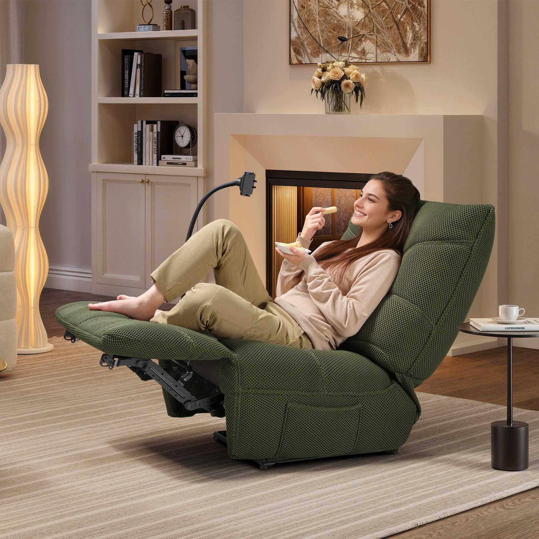 Angle. Eureka Ergonomic - Modern Power Recliner Chair with USB & Wireless Charging  for Living Room, Rocking Swivel Base, Upholstered - Green.
