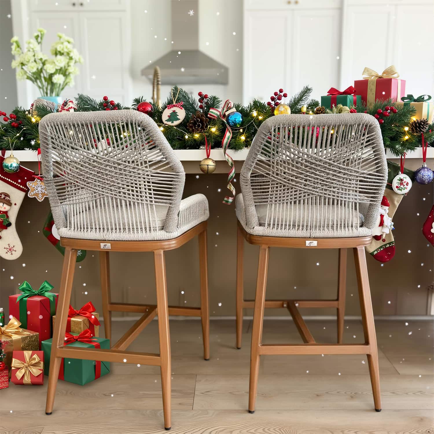 Front. PURPLE LEAF - Outdoor Bar Stool Set of 2, Wicker Rattan Bar stools with Back Aluminum Outside Garden Patio Bar Chairs - Teak-twill-Counter Height.