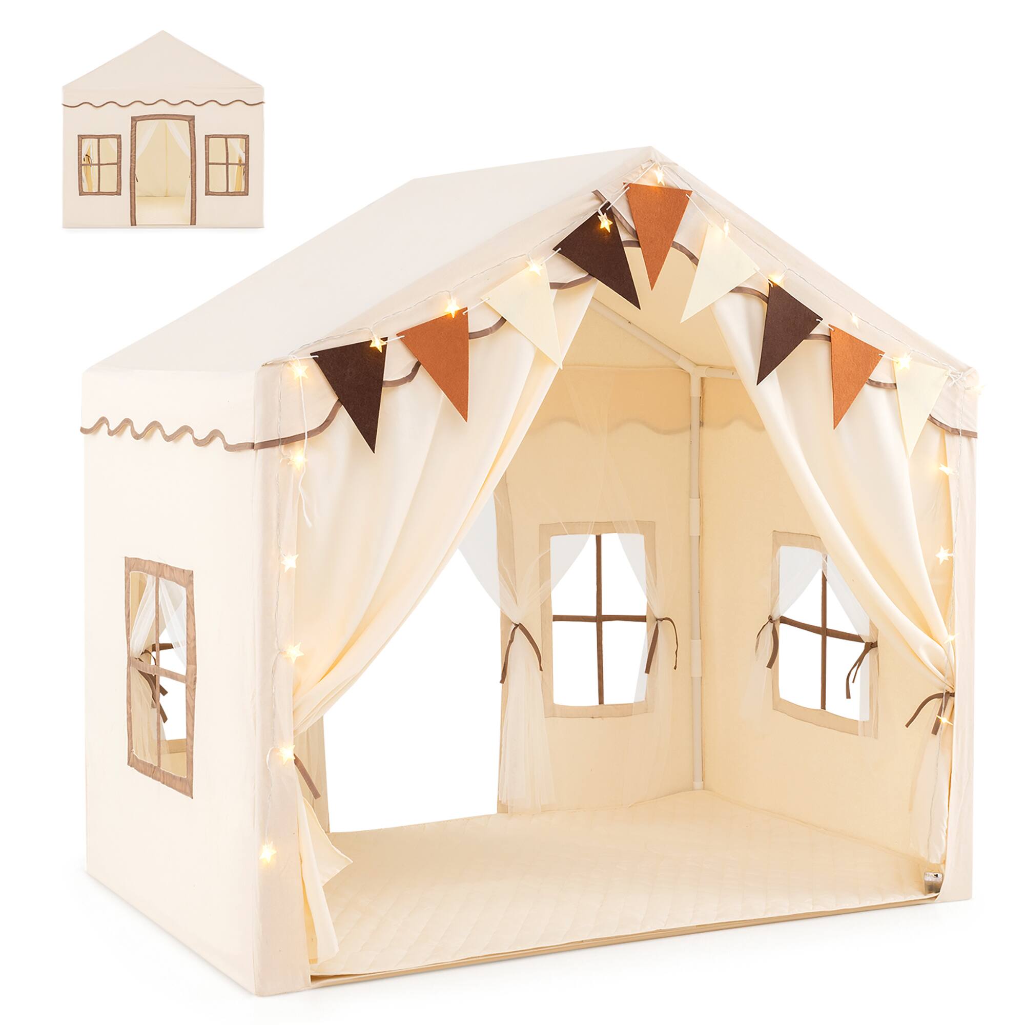 Alt View 9. Gymax - Gymax 3-4 Kids Large Play Tent House w/ 2 Opening Doors Star Lights & Plaid Pennants Beige - Beige.