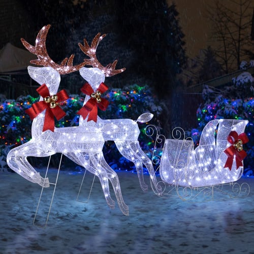 Front. Winado - 3PCS Christmas Pre-Lit Reindeer and Sleigh Weather Proof with LED Lights for Indoor Outdoor Holiday Party Decoration - White.
