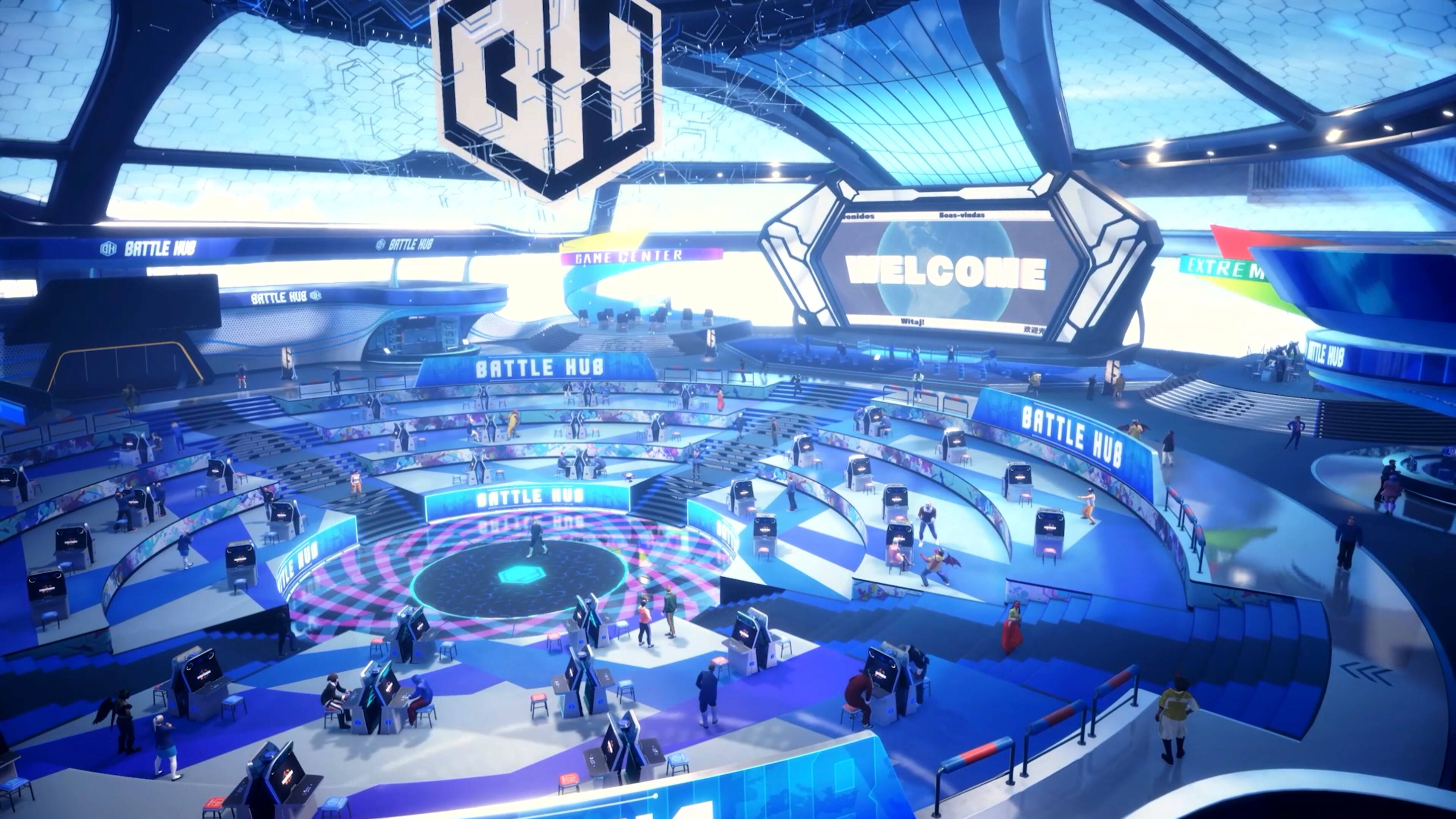 Welcome to the Battle Hub! This is a large indoor arena designed for various sports and games, including skateboarding and BMX. The arena is filled with people, some of whom are skateboarders and others are spectators. The atmosphere is lively, and the space is filled with excitement as people enjoy the activities. The Battle Hub is a popular destination for sports enthusiasts and those looking for a fun and engaging environment.