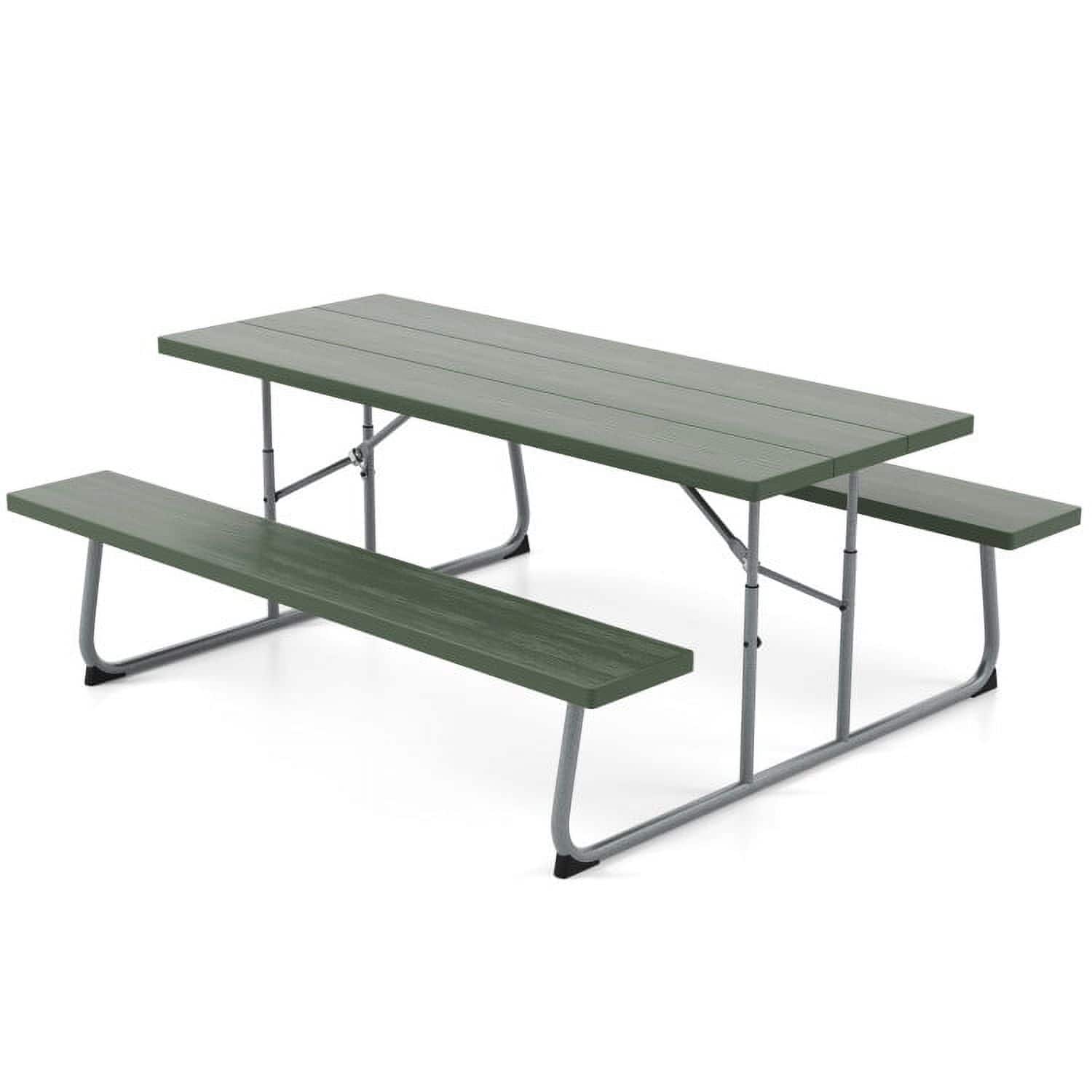 Pefilos - 3-Piece Folding Picnic Table Set with Metal Frame and All-Weather HDPE Tabletop Umbrella Hole- Outdoor Stackable - Green