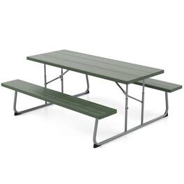 Pefilos - 3-Piece Folding Picnic Table Set with Metal Frame and All-Weather HDPE Tabletop Umbrella Hole- Outdoor Stackable - Green