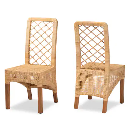 Front. bali & pari - Moscow Modern Bohemian Rattan and Mahogany Wood 2-Piece Dining Chair Set - Natural Brown/Walnut Brown.