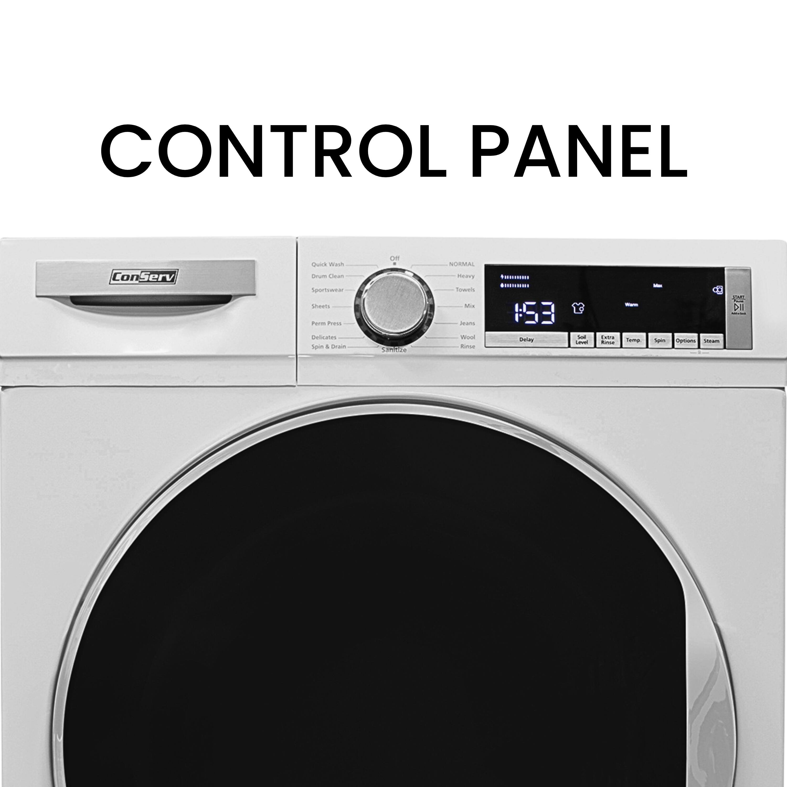 CONTROL PANEL

Conserv

Quick Wash
Drum Clean
Sportswear
Sheets
Perm Press
Delicates
Spin & Drain

NORMAL
Heavy
Towels
Mix
Jeans
Wool
Rinse

Delay
Soil
Extra
Temp
Spin
Options
Steam

1:53