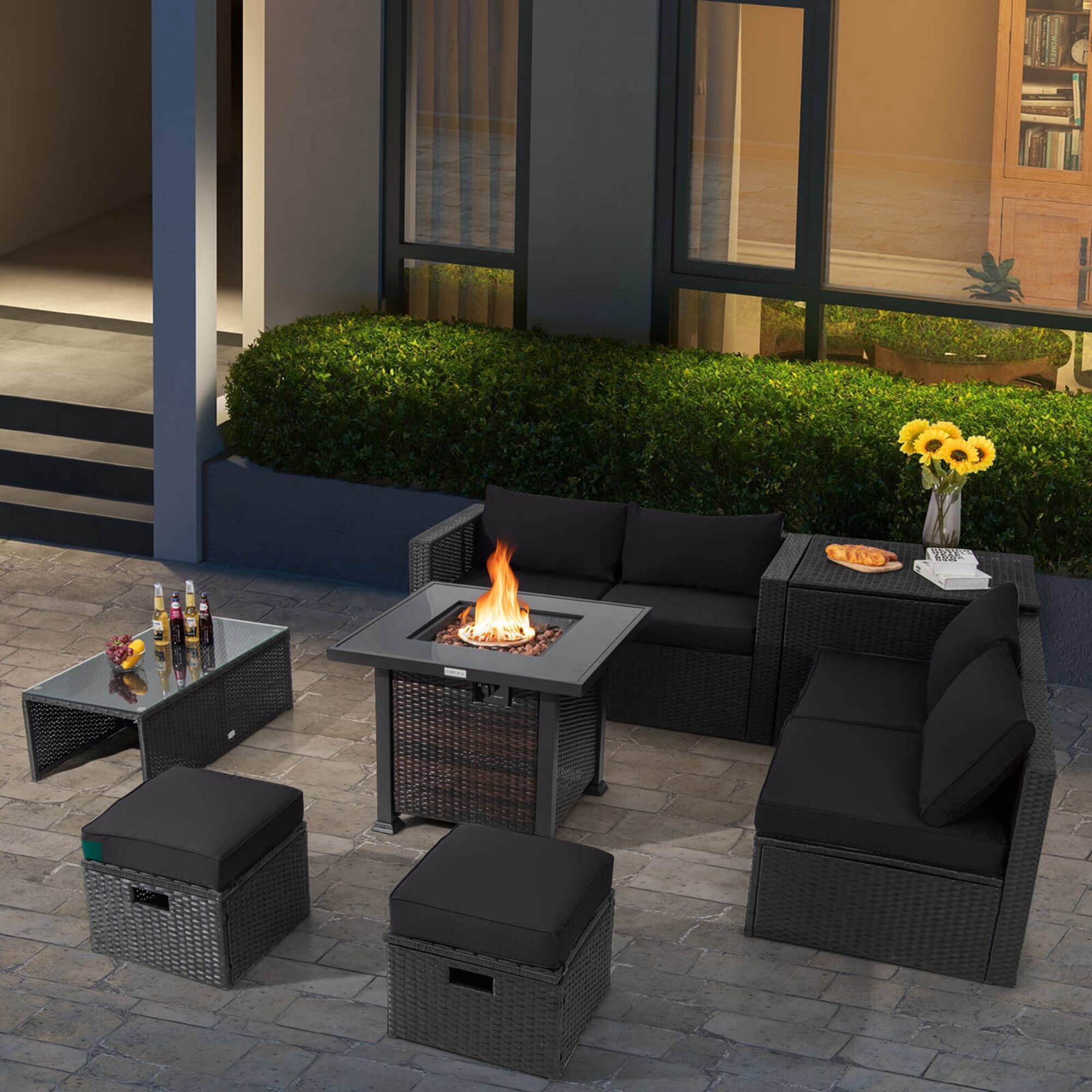 Alt View 3. Costway - 9 PCS Patio Furniture Set with 32" Fire Pit Table 50,000 BTU Square Propane Fire Pit - Black.