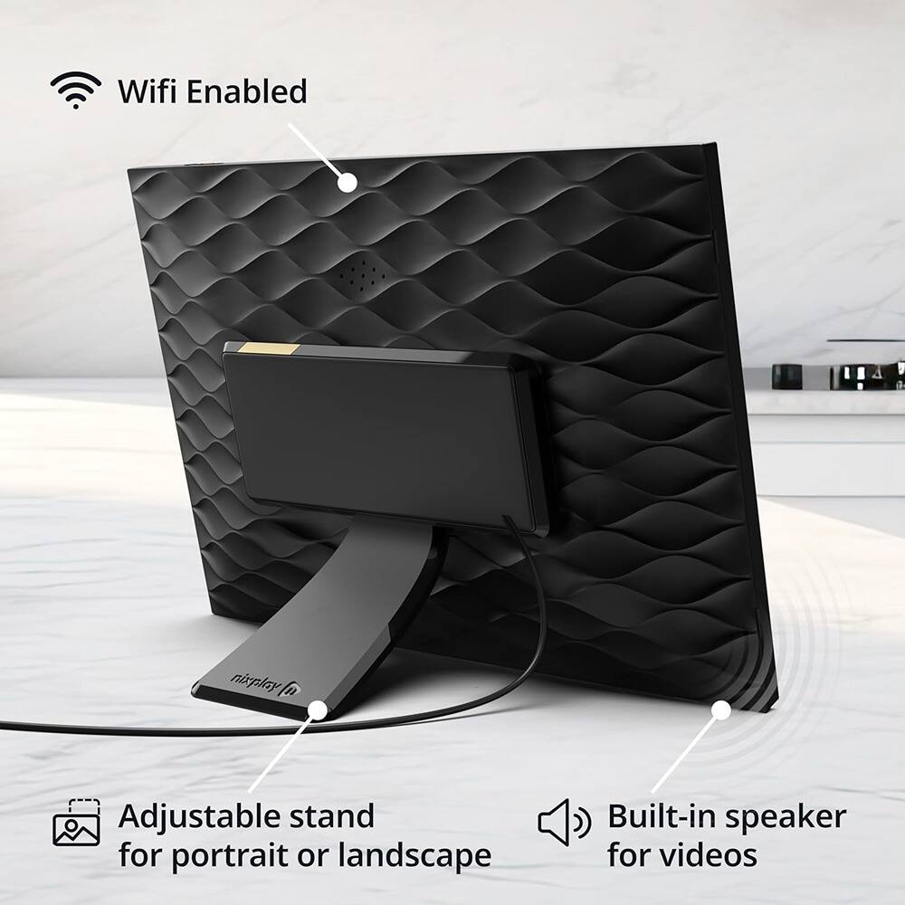- Wifi Enabled
- Adjustable stand for portrait or landscape
- Built-in speaker for videos