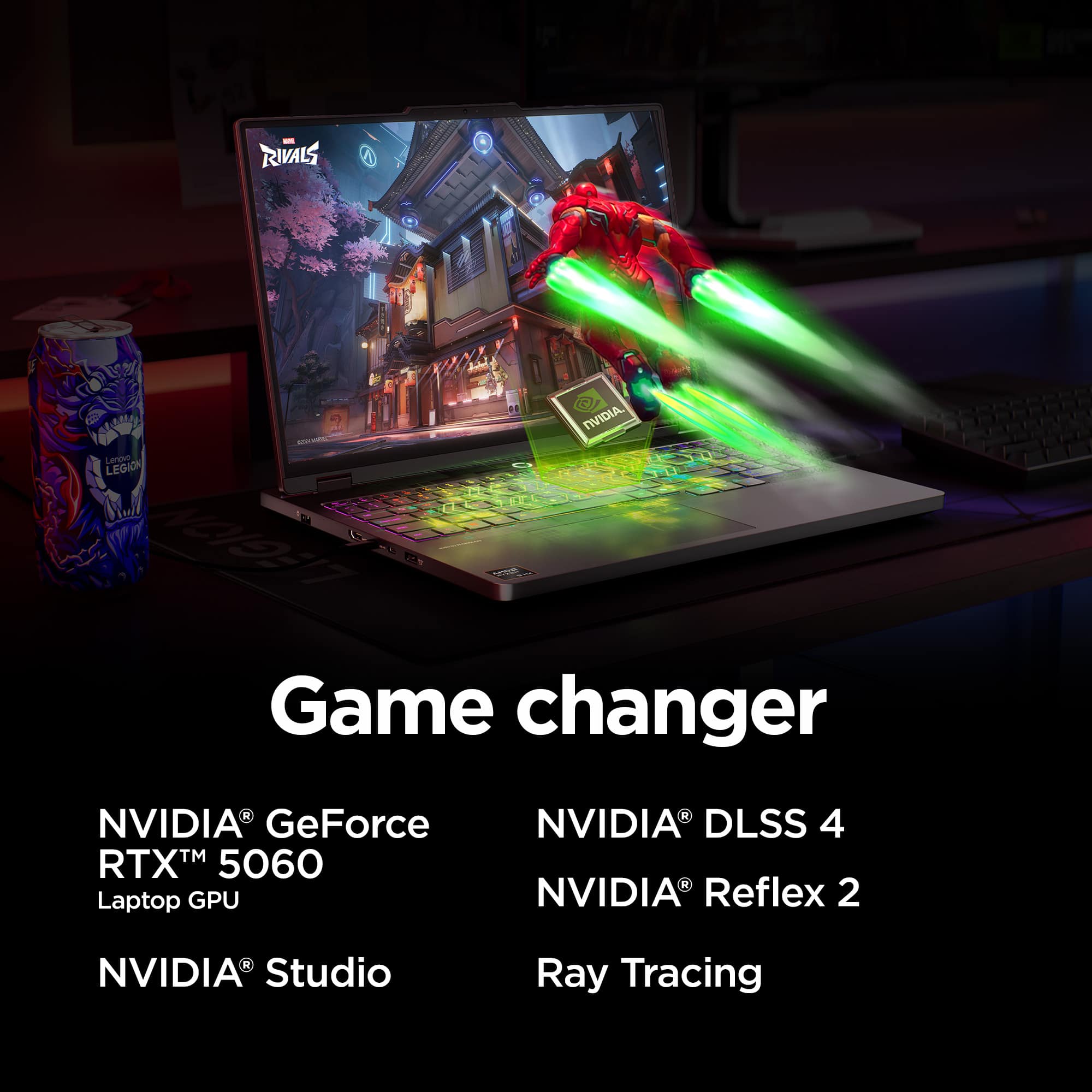 The text on the image is grouped as follows:
1. Game changer
2. NVIDIA GeForce RTX 5060 Laptop GPU
3. NVIDIA DLSS 4
4. NVIDIA Reflex 2
5. NVIDIA Studio
6. Ray Tracing