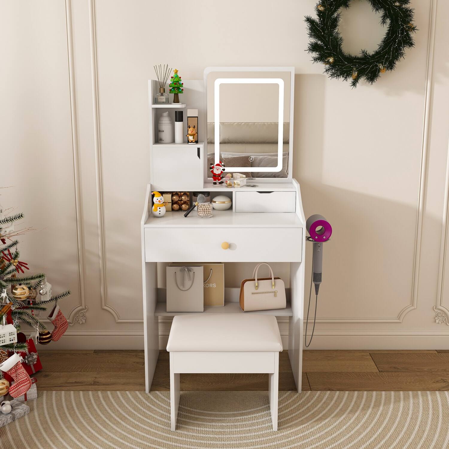Front. Lirago - White Wood Dressing Table Desk with LED Mirror Charging Station and Storage Stool 17.7" D x 43.3" W x 53.1" H - White.